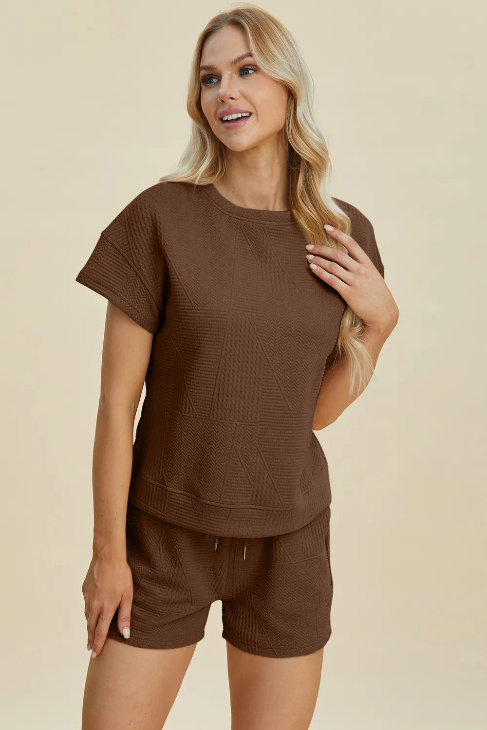 Double Take Full Size Texture Short Sleeve Top and Shorts Set - LoveNest Treasures