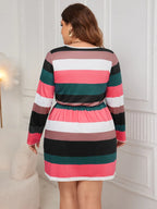 Honey Plus Size Striped V-Neck Long Sleeve Mini Dress - LoveNest Treasures