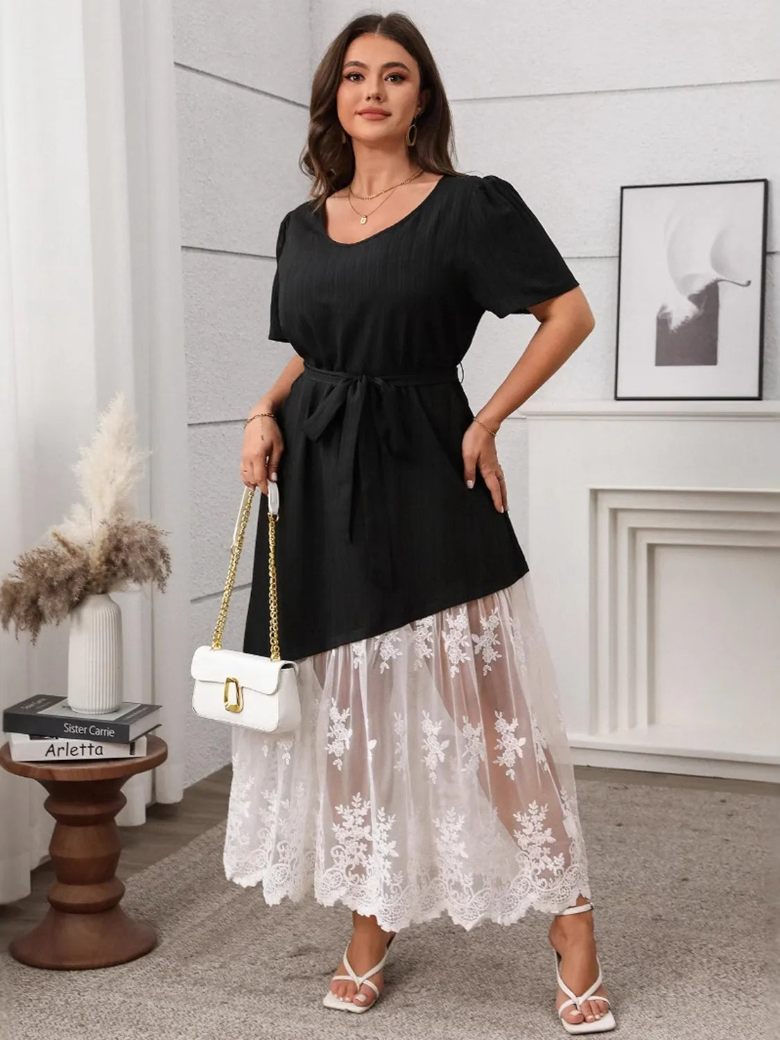 Plus Size Lace Patchwork Short Sleeve Maxi Dress - LoveNest Treasures
