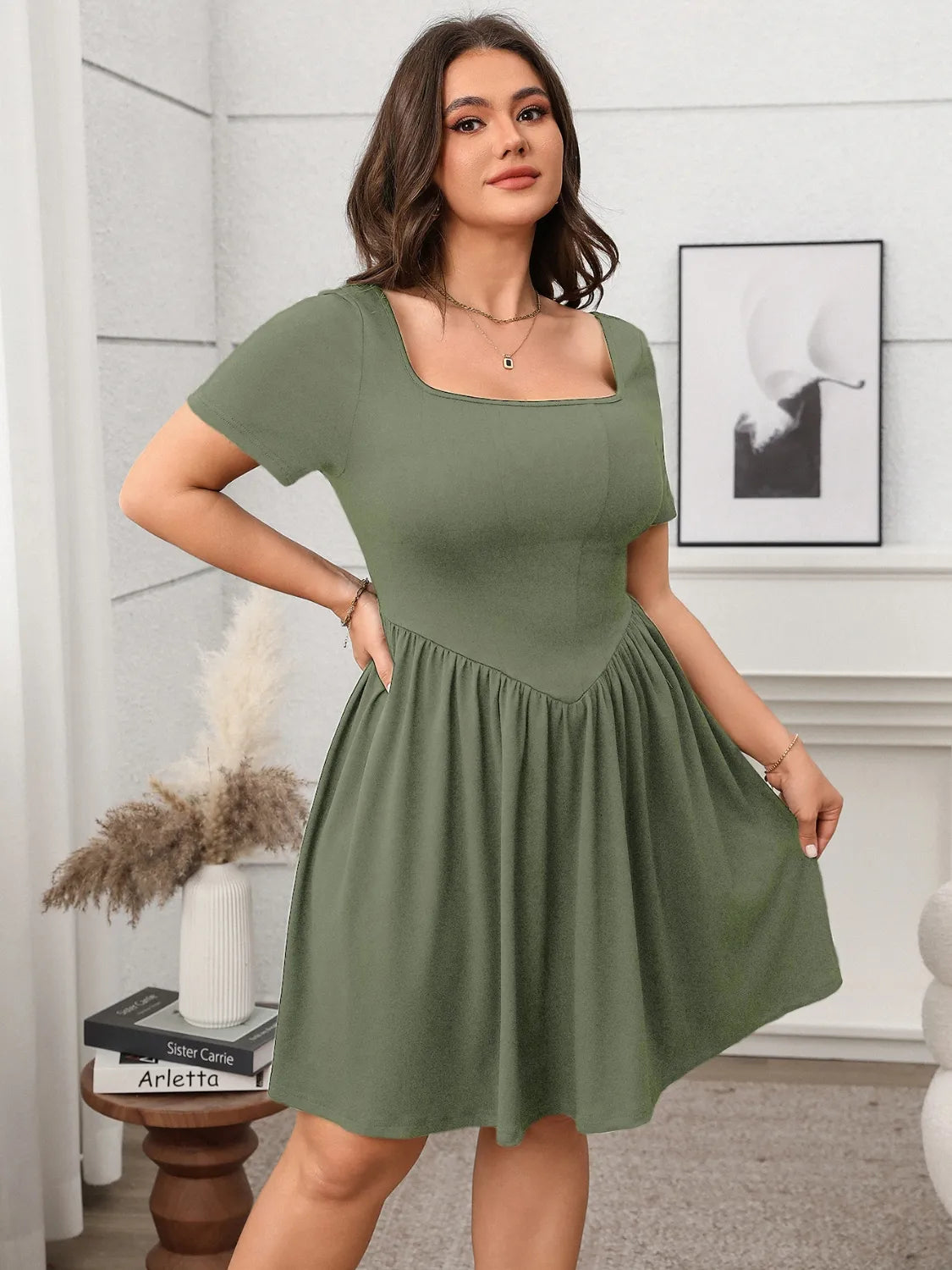 Plus Size Square Neck Short Sleeve Mini Dress - LoveNest Treasures