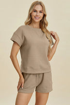 Double Take Full Size Texture Short Sleeve Top and Shorts Set - LoveNest Treasures