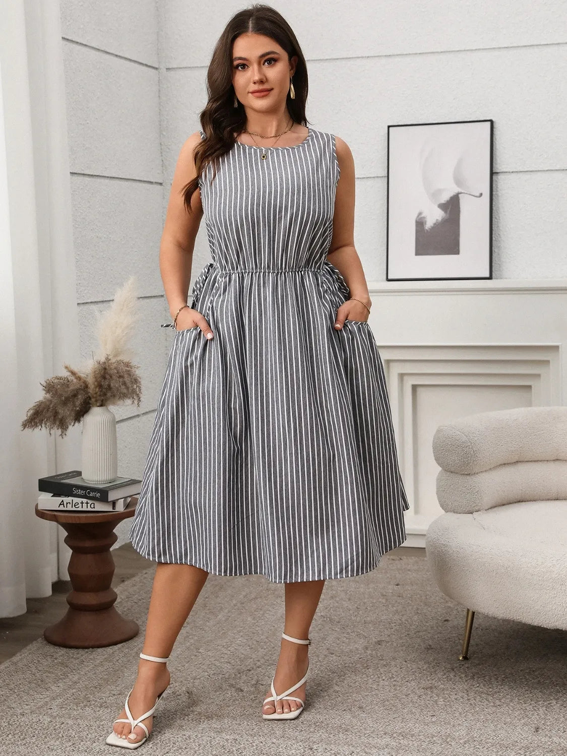 Plus Size Striped Round Neck Sleeveless Dress - LoveNest Treasures