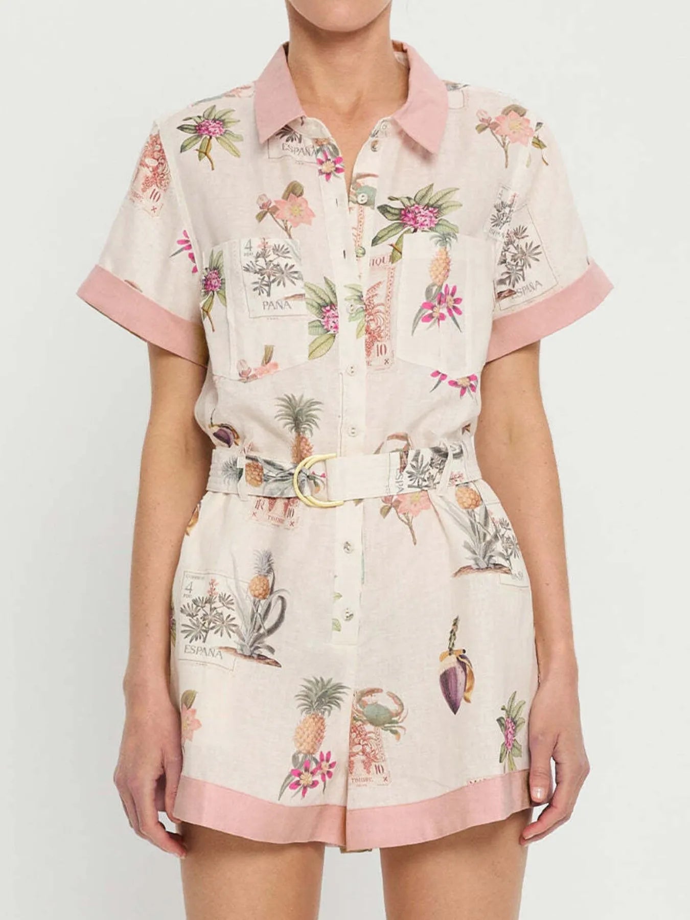 Printed Short Sleeve Romper with Belt - LoveNest Treasures