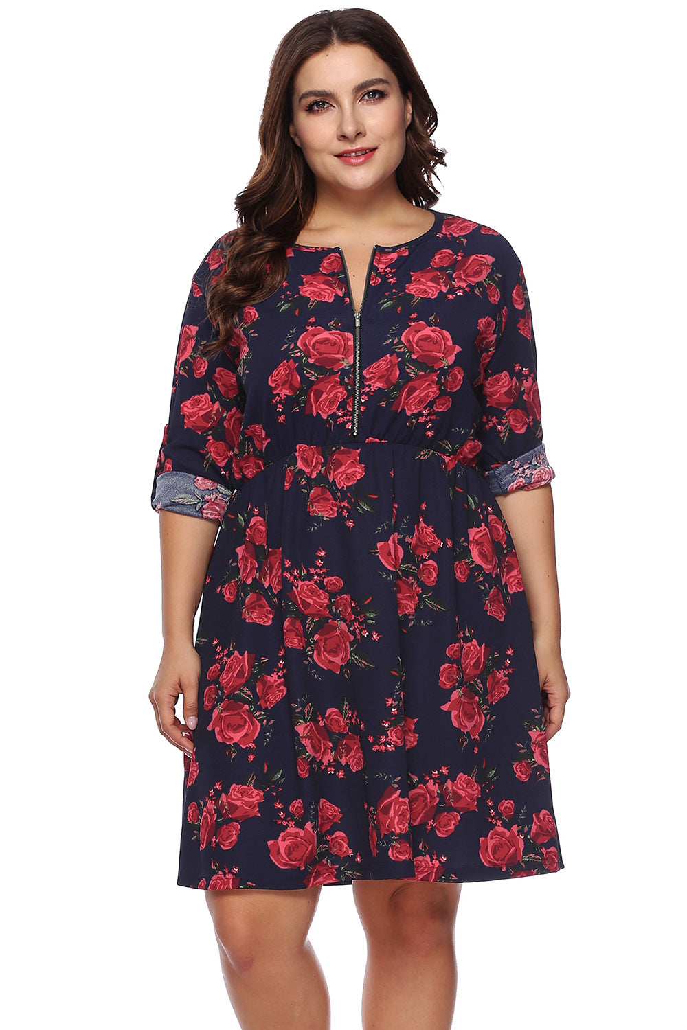 Plus Size Floral Print Half Zip Up Dress - LoveNest Treasures
