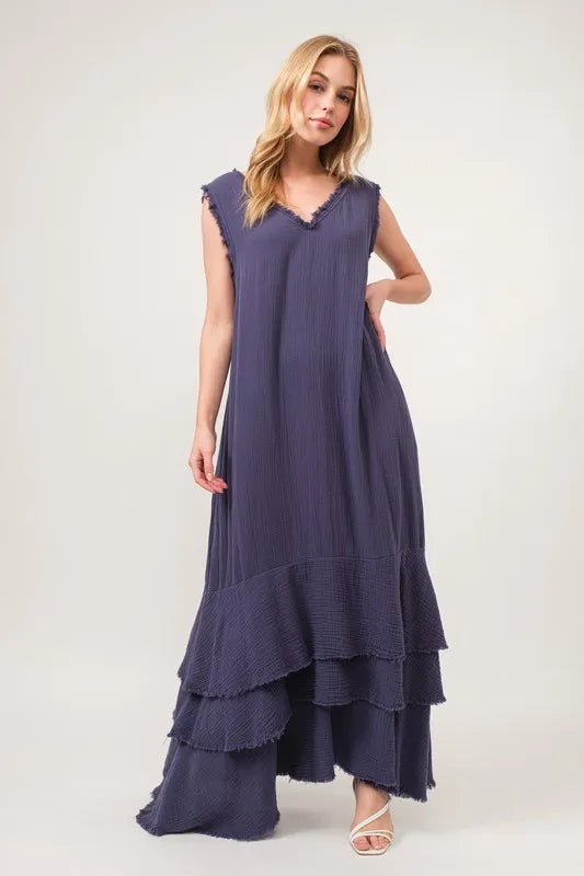 And The Why Washed Cotton Gauze Fringe Detail Tiered Dress - LoveNest Treasures