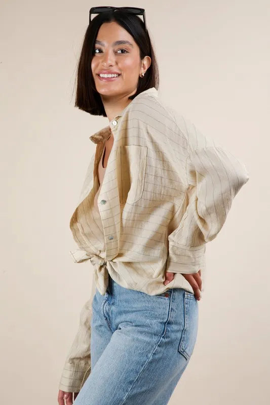 VERY J Full Size Oversized Striped Button Down Shirt Top Plus Size - LoveNest Treasures