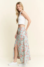 Jade By Jane Full Size Floral Print Front Slit Denim Maxi Skirt Plus Size - LoveNest Treasures