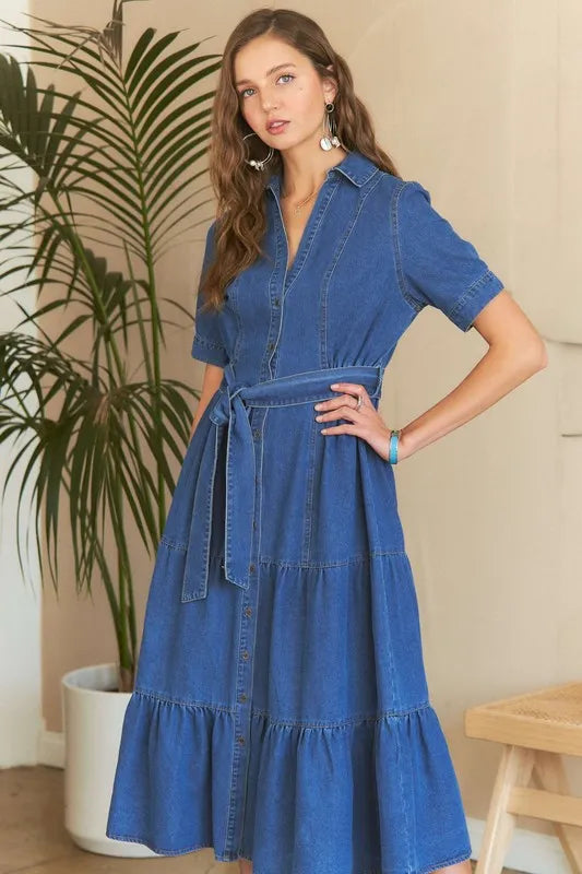 ADORA Tiered Button Down Tie Waist Short Sleeve Denim Dress - LoveNest Treasures