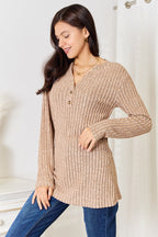 Double Take Notched Neck Ribbed Long Sleeve T-Shirt - LoveNest Treasures