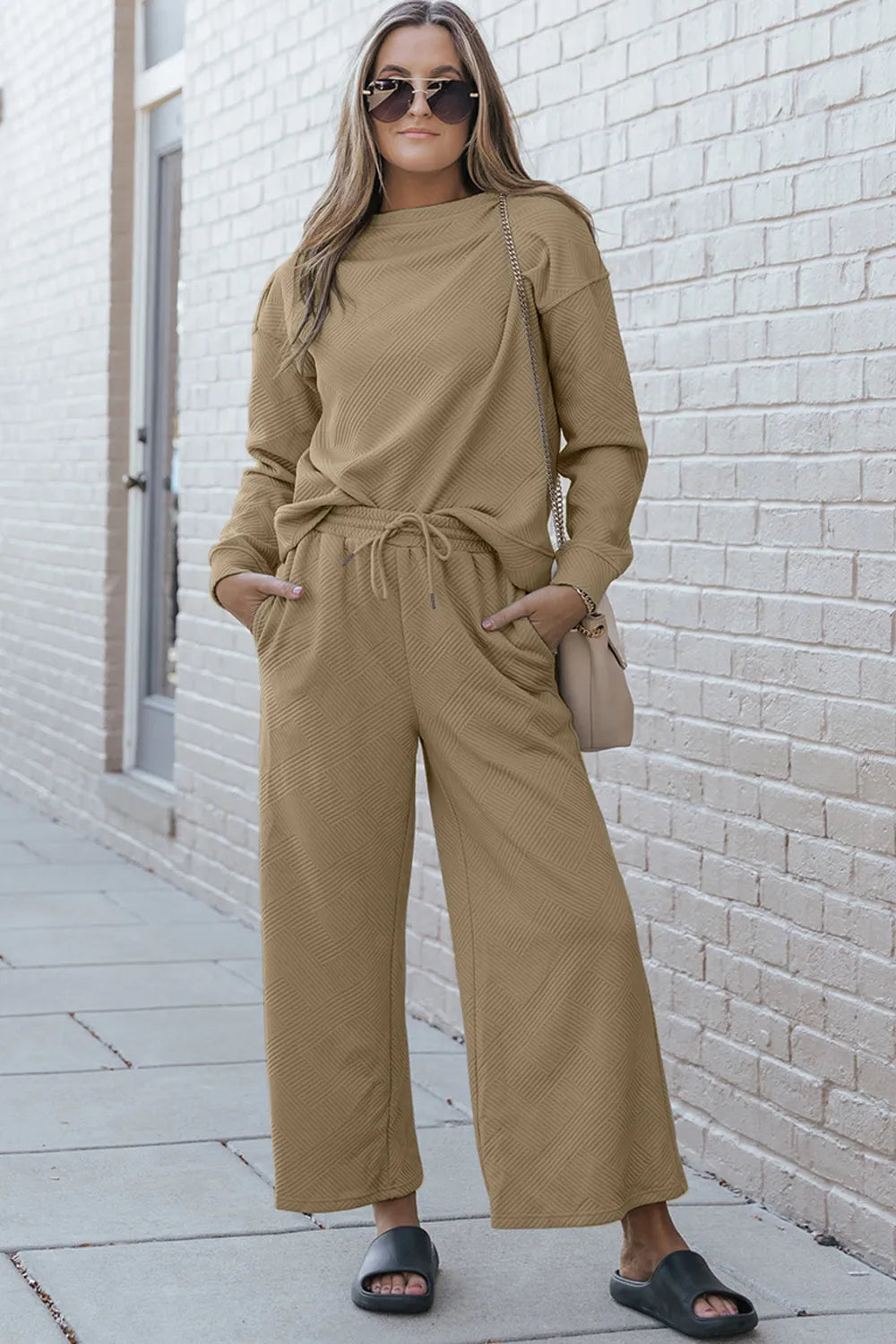 Double Take Full Size Textured Long Sleeve Top and Drawstring Pants Set - LoveNest Treasures