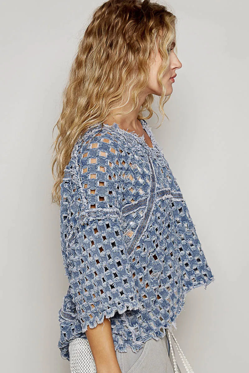 POL V-Neck Short Sleeve Top with Laser Cut Detail - LoveNest Treasures