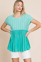 Lime 'N' Chili Full Size Embroidered Short Sleeve Pleated Babydoll Top Plus Size - LoveNest Treasures