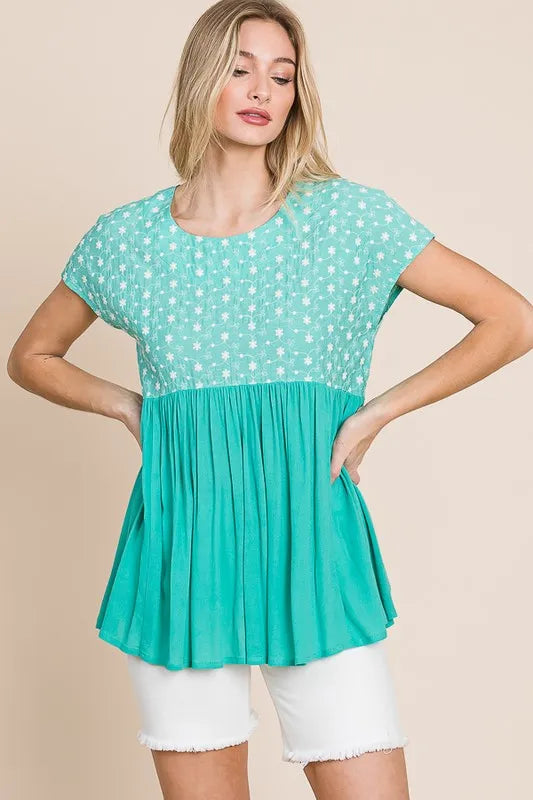 Lime 'N' Chili Full Size Embroidered Short Sleeve Pleated Babydoll Top Plus Size - LoveNest Treasures