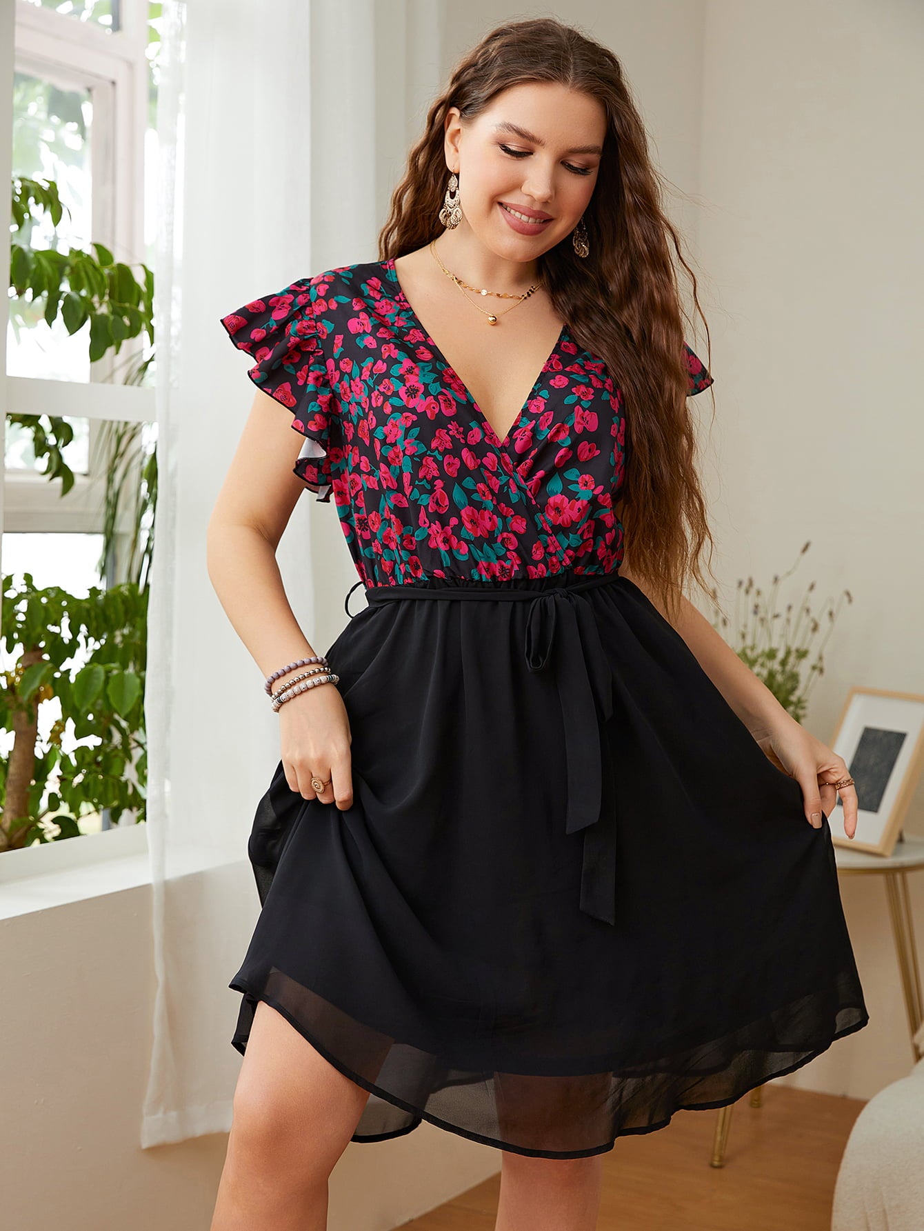 Honey Plus Size Floral Surplice Neck Flutter Sleeve Dress - LoveNest Treasures