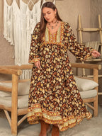 Plus Size Printed V-Neck Balloon Sleeve Dress - LoveNest Treasures