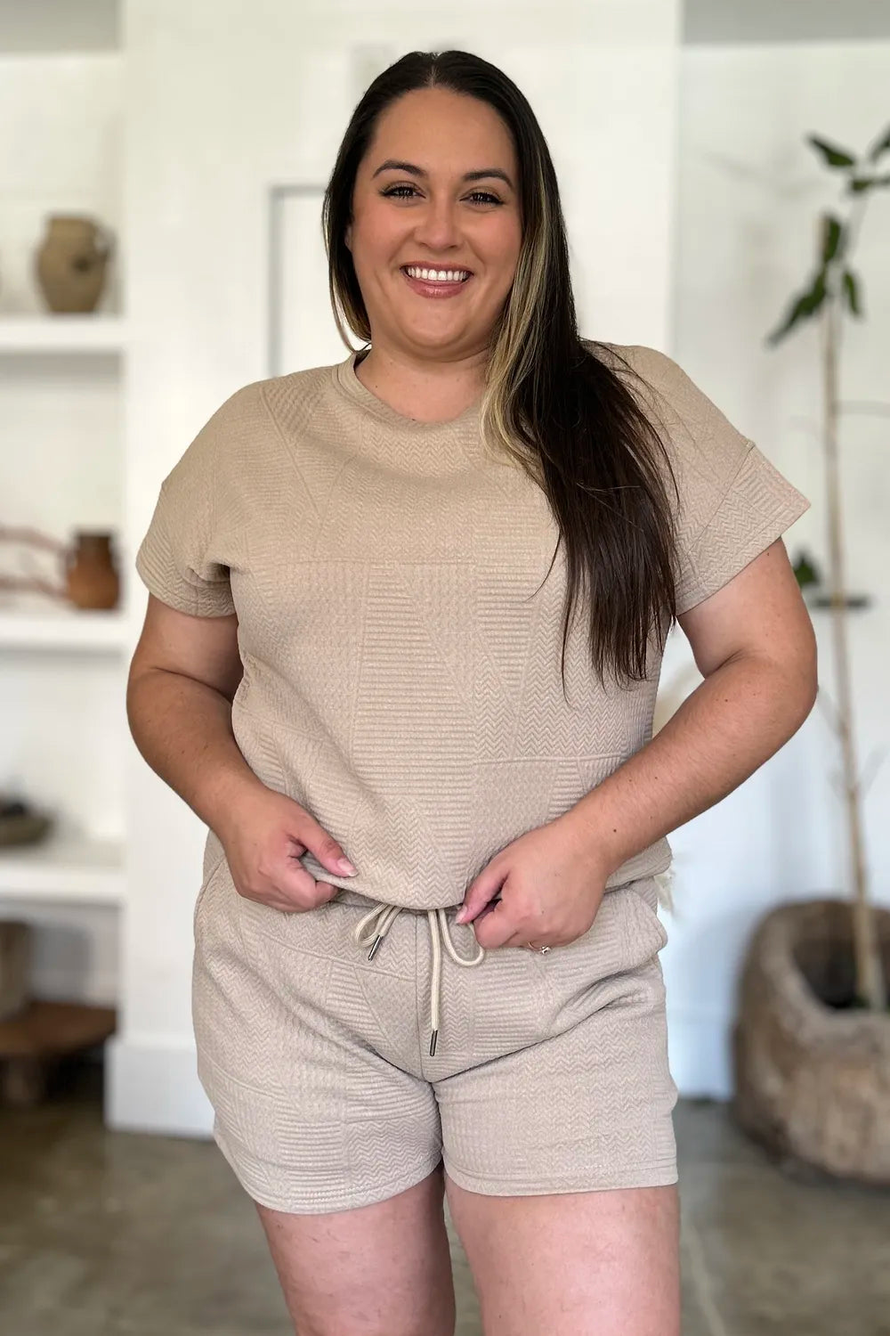 Double Take Full Size Texture Short Sleeve Top and Shorts Set - LoveNest Treasures