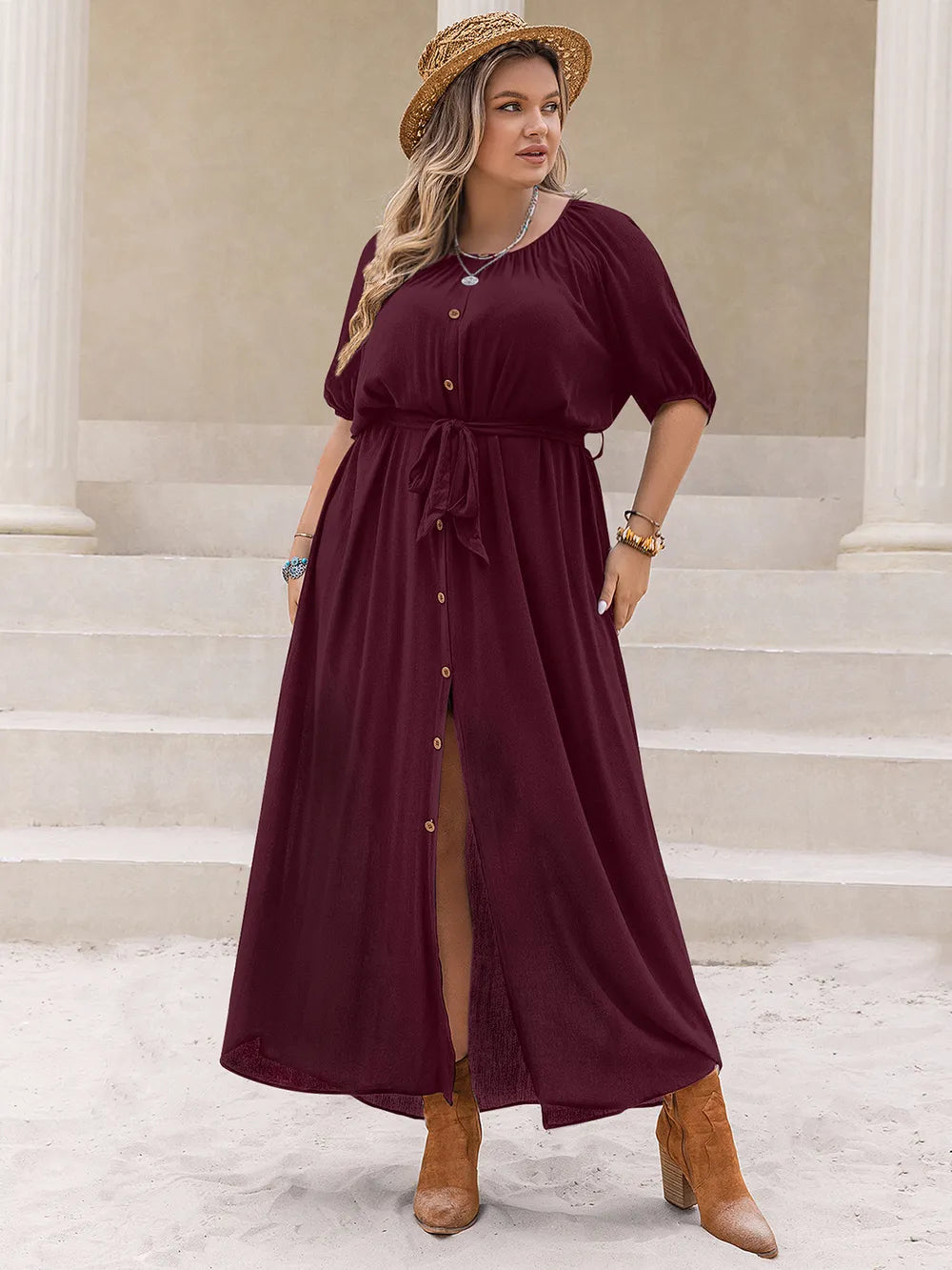 Plus Size Round Neck Half Sleeve Dress - LoveNest Treasures
