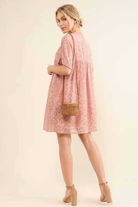 And The Why Woven Leopard Baby Doll Roll-Sleeve Casual Dress - LoveNest Treasures