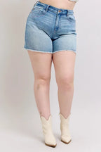 Judy Blue Full Size High Waist Western Embroidery Detail Cut Off Denim Shorts Plus Size - LoveNest Treasures