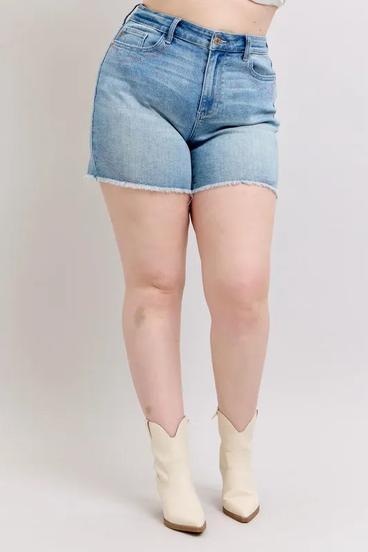 Judy Blue Full Size High Waist Western Embroidery Detail Cut Off Denim Shorts Plus Size - LoveNest Treasures