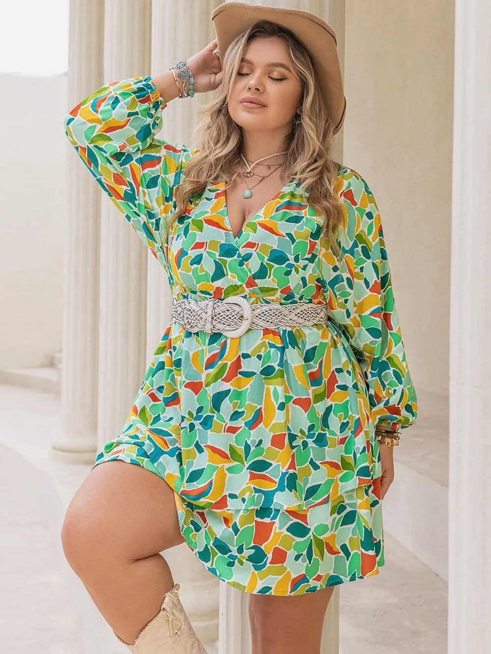 Plus Size Printed Surplice Long Sleeve Mini Dress - LoveNest Treasures