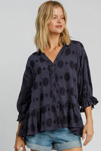 Umgee Full Size Swiss Dot Half Button Flounce Sleeve Blouse Plus Size - LoveNest Treasures