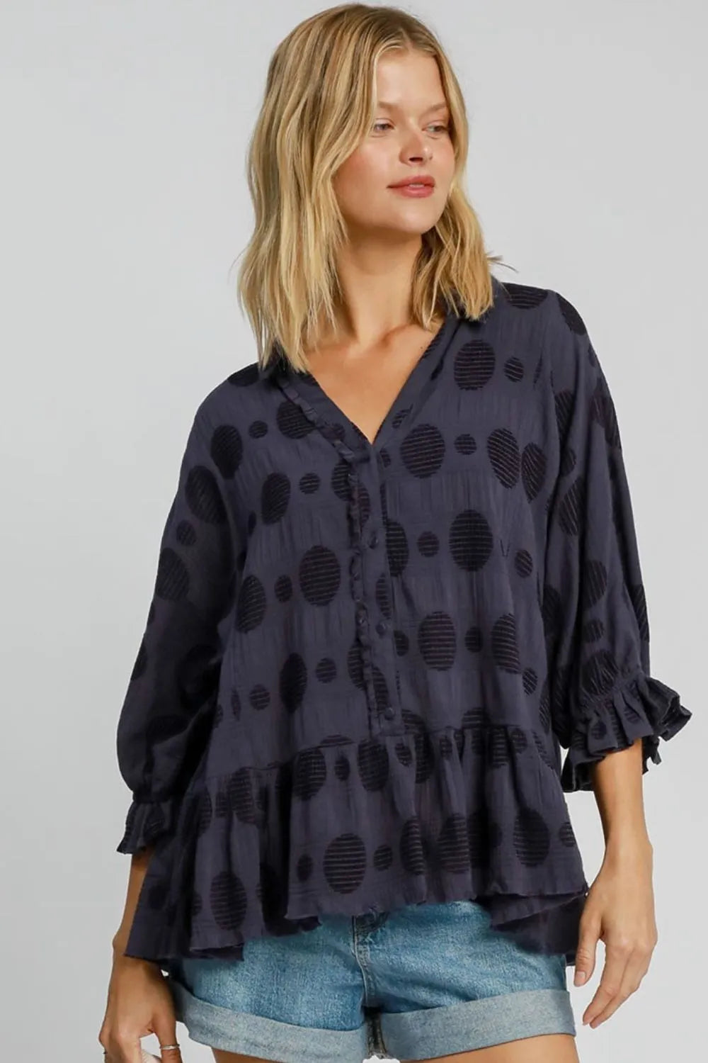 Umgee Full Size Swiss Dot Half Button Flounce Sleeve Blouse Plus Size - LoveNest Treasures