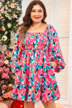 Plus Size Smocked Floral Square Neck Balloon Sleeve Dress - LoveNest Treasures