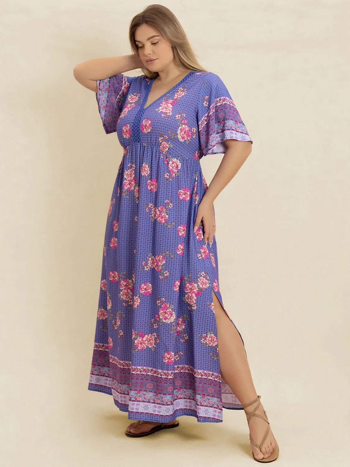 Plus Size Printed V-Neck Flutter Sleeve Dress - LoveNest Treasures