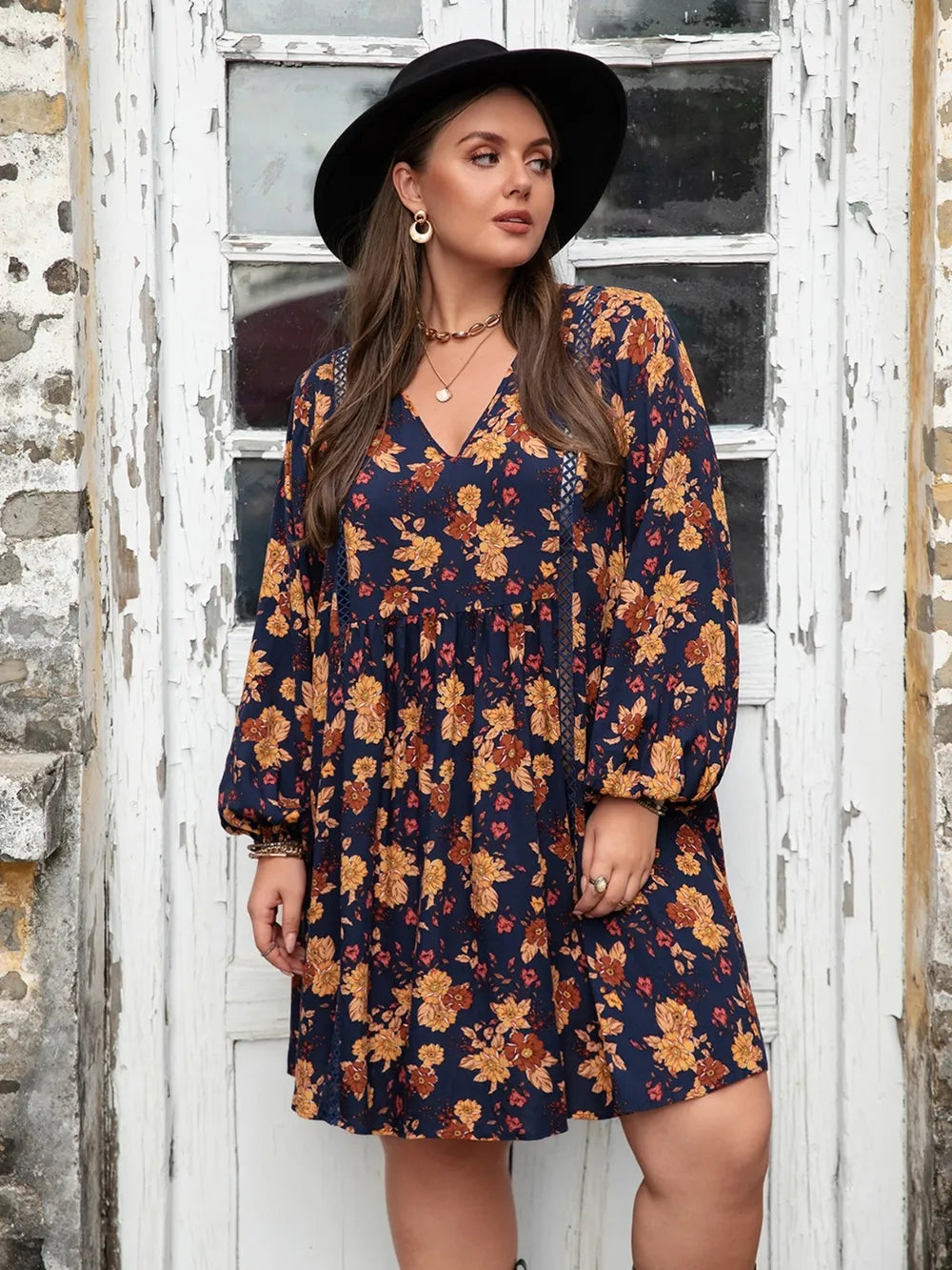 Plus Size Floral V-Neck Balloon Sleeve Dress - LoveNest Treasures