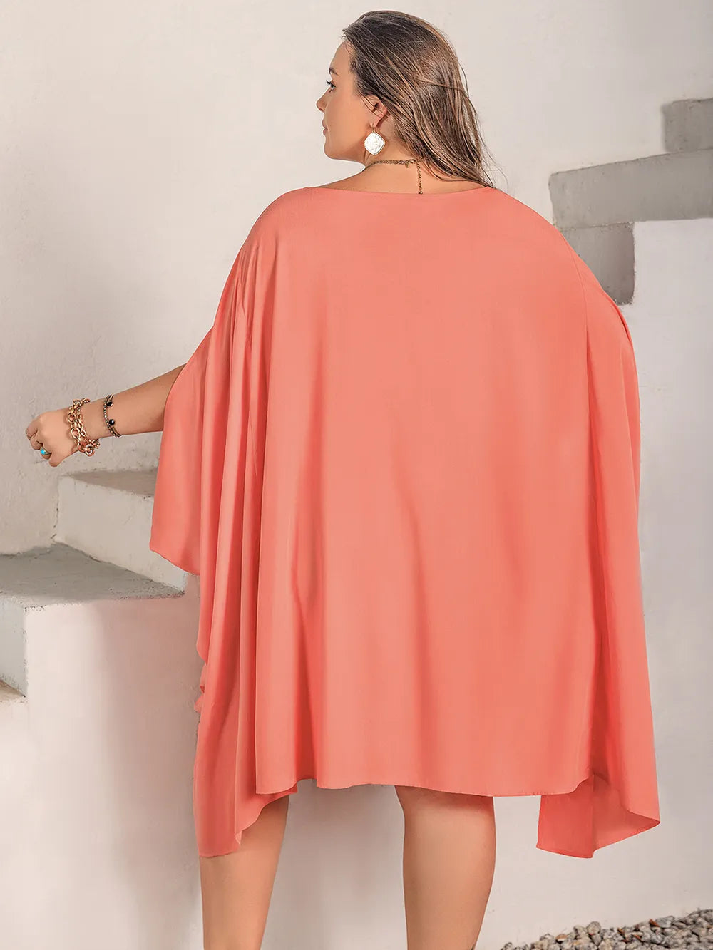 Plus Size Round Neck Batwing Sleeve Mini Dress - LoveNest Treasures