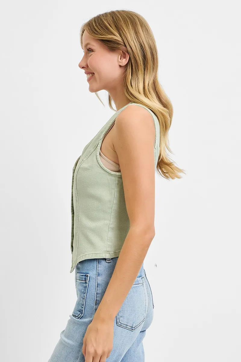 RISEN Full Size V Neck Button Down Vest Plus Size - LoveNest Treasures