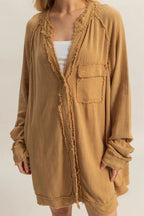 HYFVE Raw Edge Button Down Raglan Sleeve Shirt - LoveNest Treasures