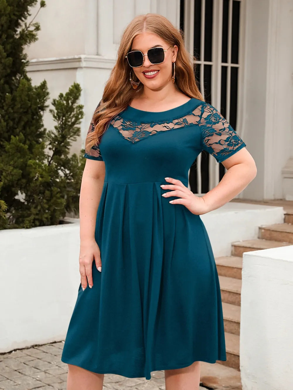 Plus Size Ruched Round Neck Short Sleeve Dress - LoveNest Treasures