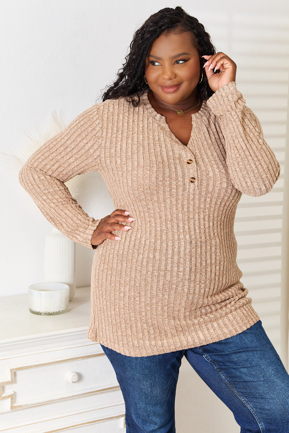 Double Take Notched Neck Ribbed Long Sleeve T-Shirt - LoveNest Treasures