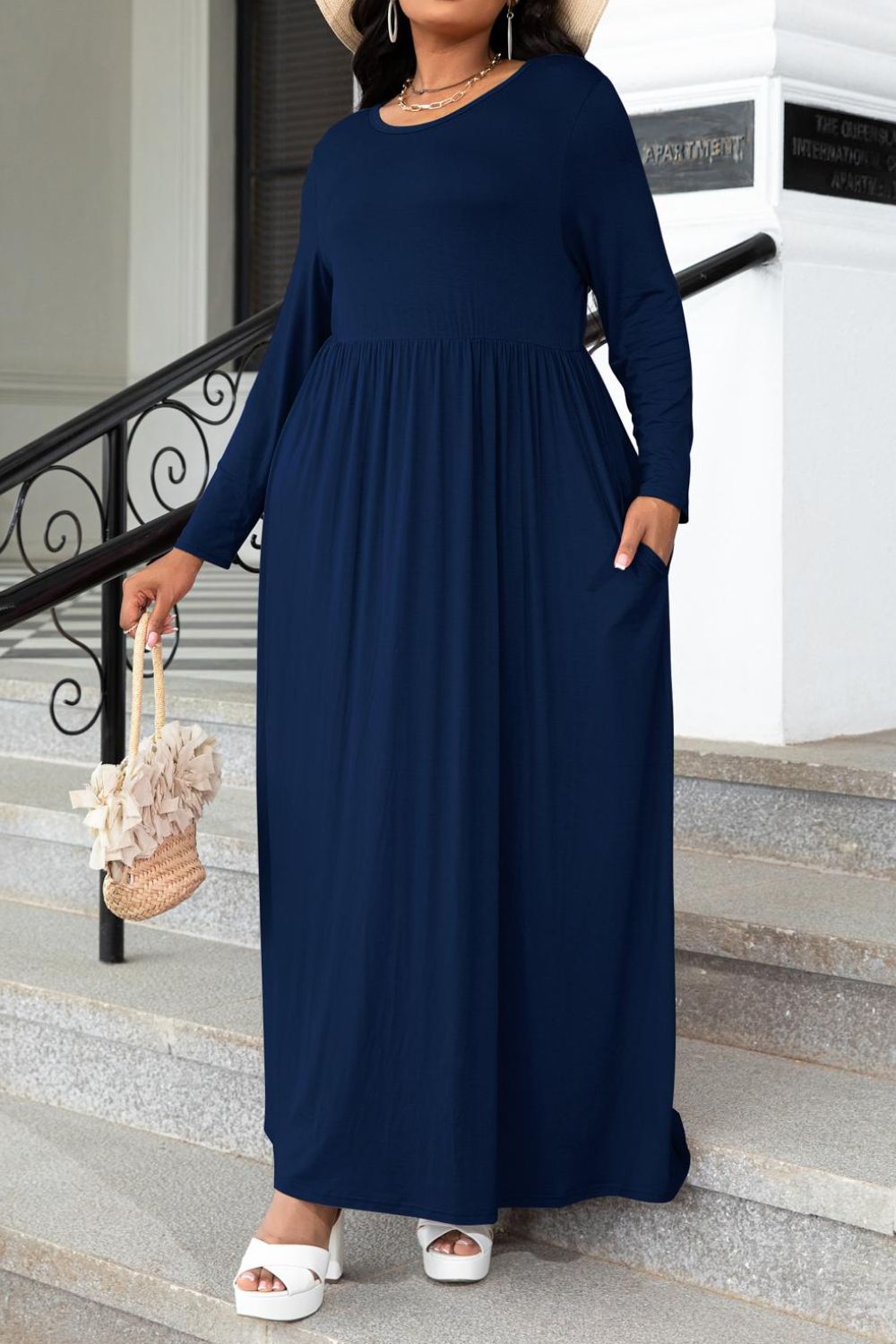 PerFee Plus Size Round Neck Long Sleeve Maxi Dress with Pockets - LoveNest Treasures