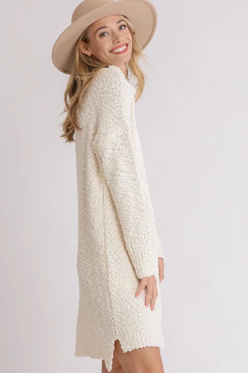 Umgee Full Size High Low Long Sleeve Boucle Sweater Dress Plus Size - LoveNest Treasures