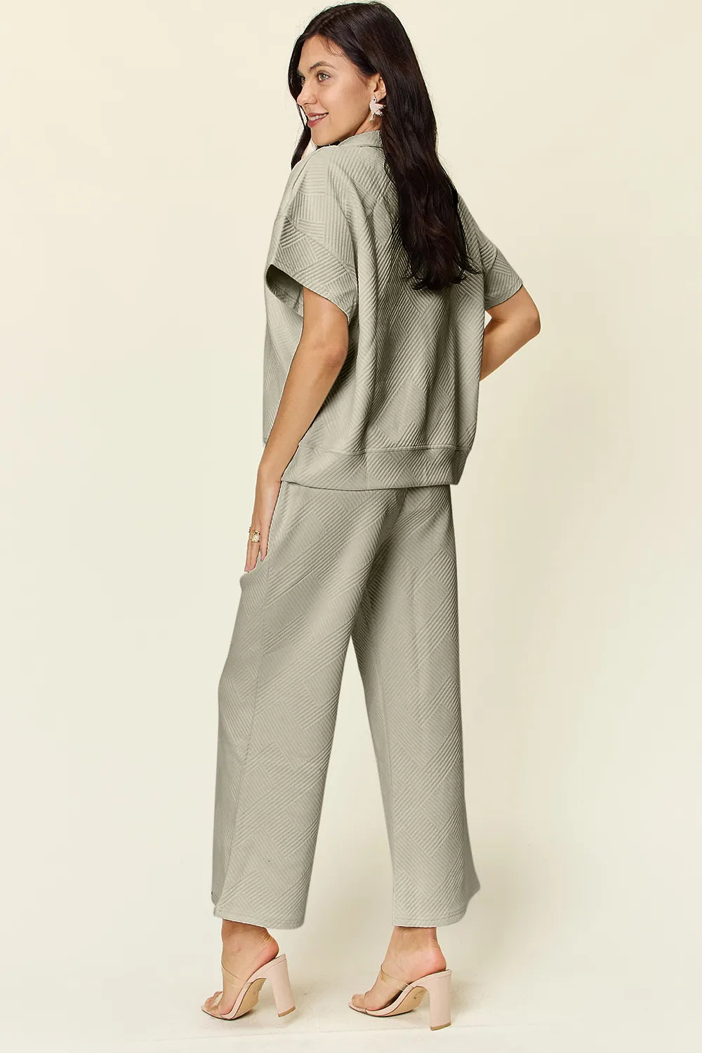 Double Take Full Size Texture Half Zip Short Sleeve Top and Pants Set - LoveNest Treasures