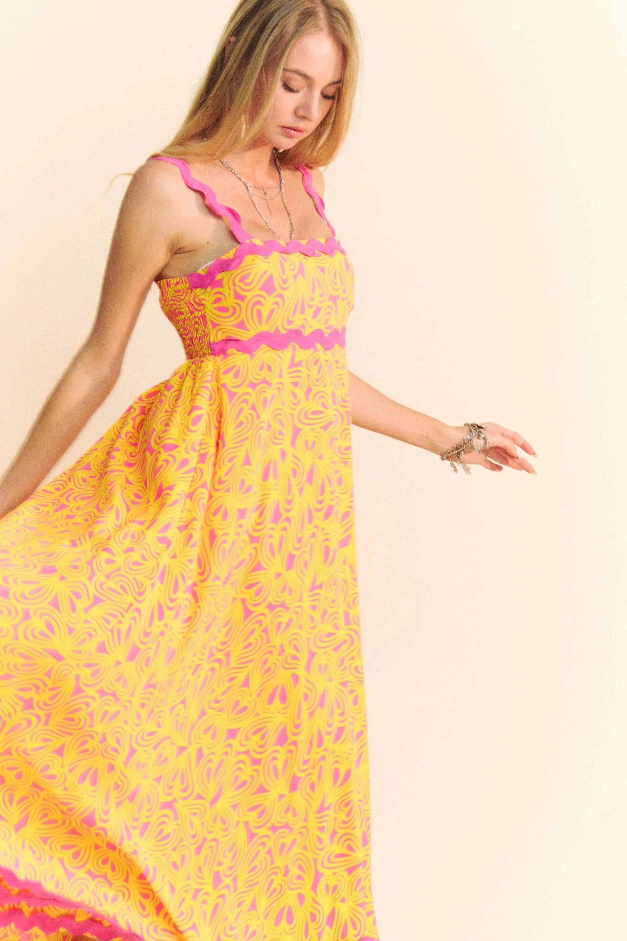 Davi & Dani Geo 2 Tone Printed Wavi Trim Tiered Maxi Dress - LoveNest Treasures
