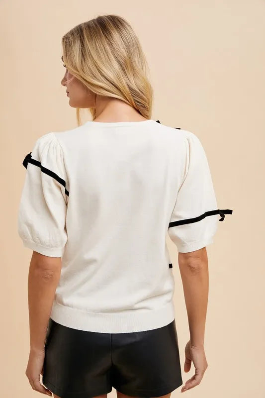 Annie Wear Striped Bow Round Neck Knit Top - LoveNest Treasures
