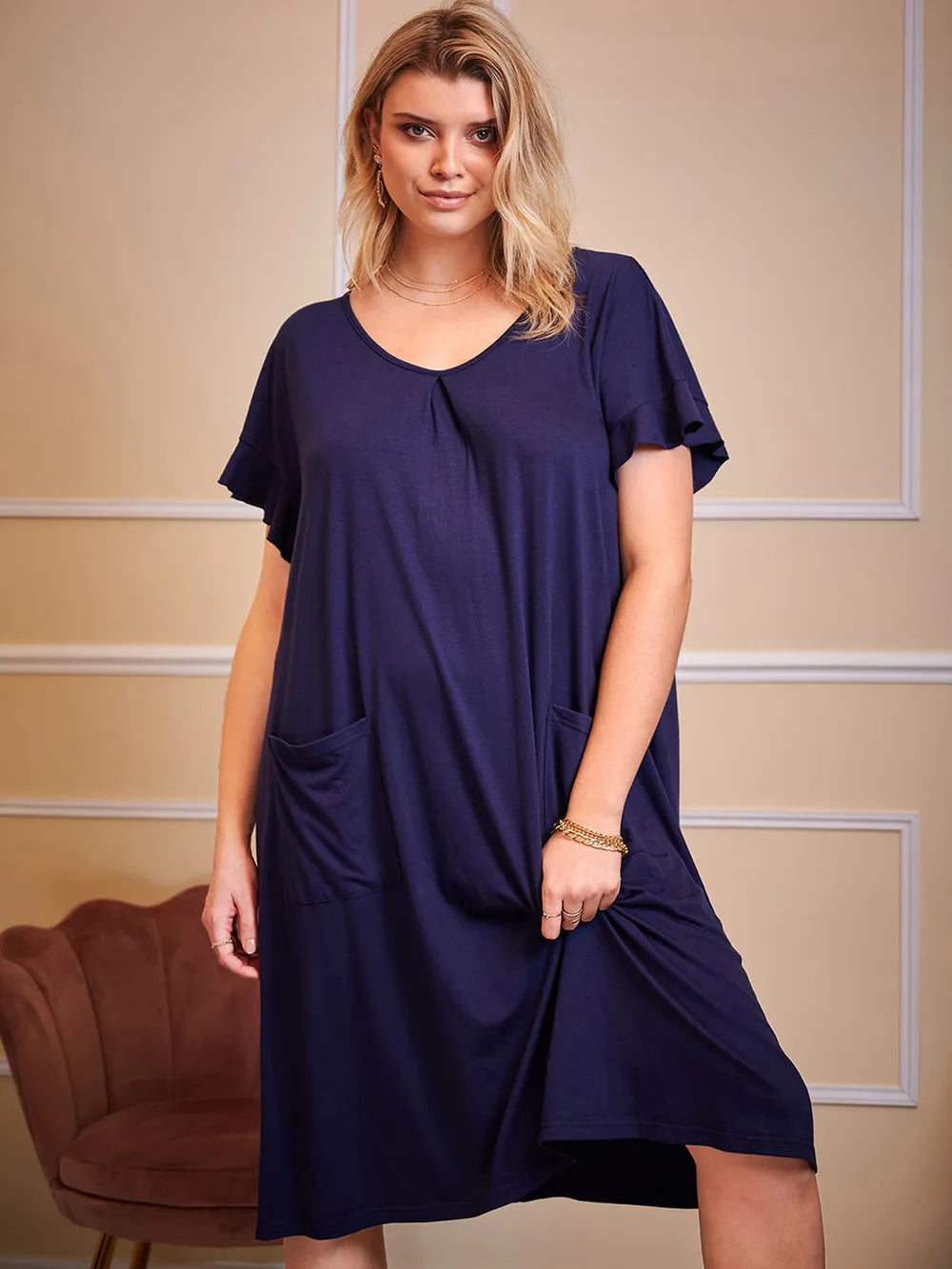 Plus Size Round Neck Short Sleeve Lounge Dress - LoveNest Treasures