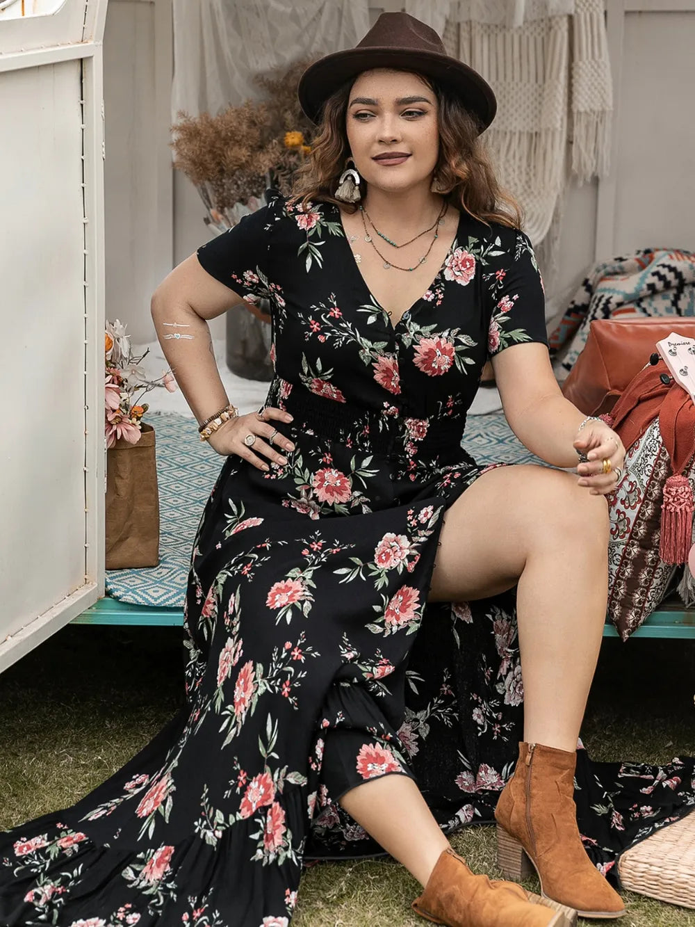 Plus Size Button Detail Printed V-Neck Short Sleeve Maxi Dress - LoveNest Treasures