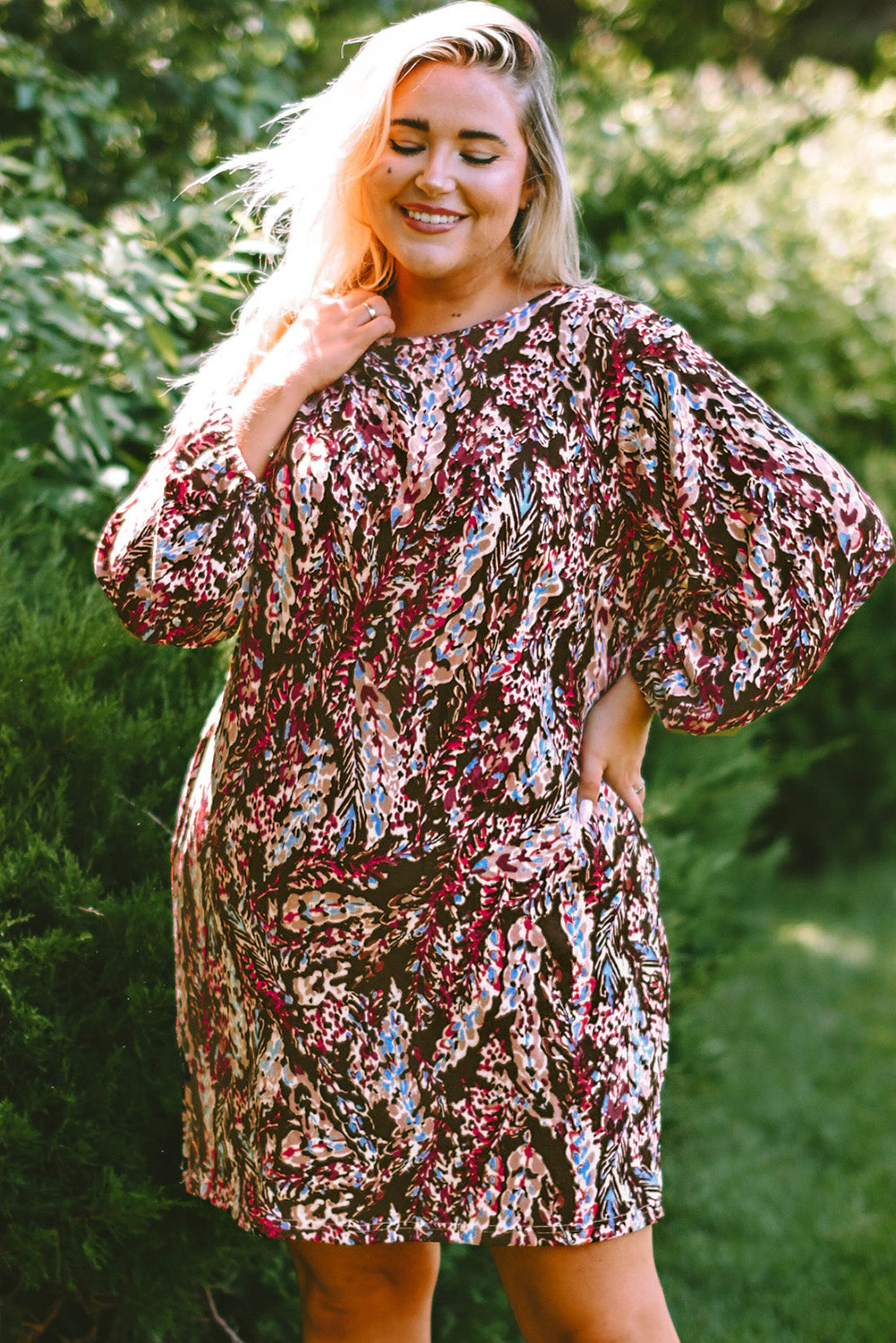 Plus Size Printed Round Neck Long Sleeve Mini Dress - LoveNest Treasures