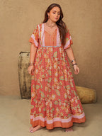 Plus Size Printed Tie Neck Flutter Sleeve Maxi Dress - LoveNest Treasures