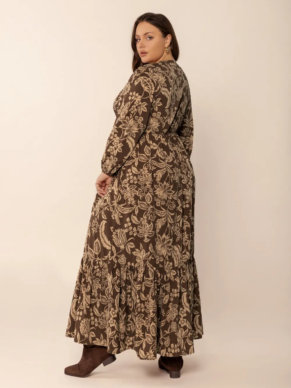 Plus Size Printed V-Neck Balloon Sleeve Maxi Dress - LoveNest Treasures