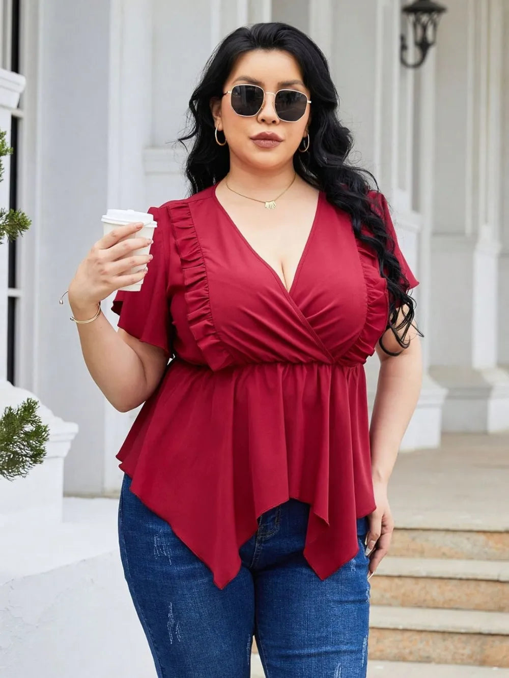 Plus Size Frill Surplice Flutter Sleeve Blouse - LoveNest Treasures