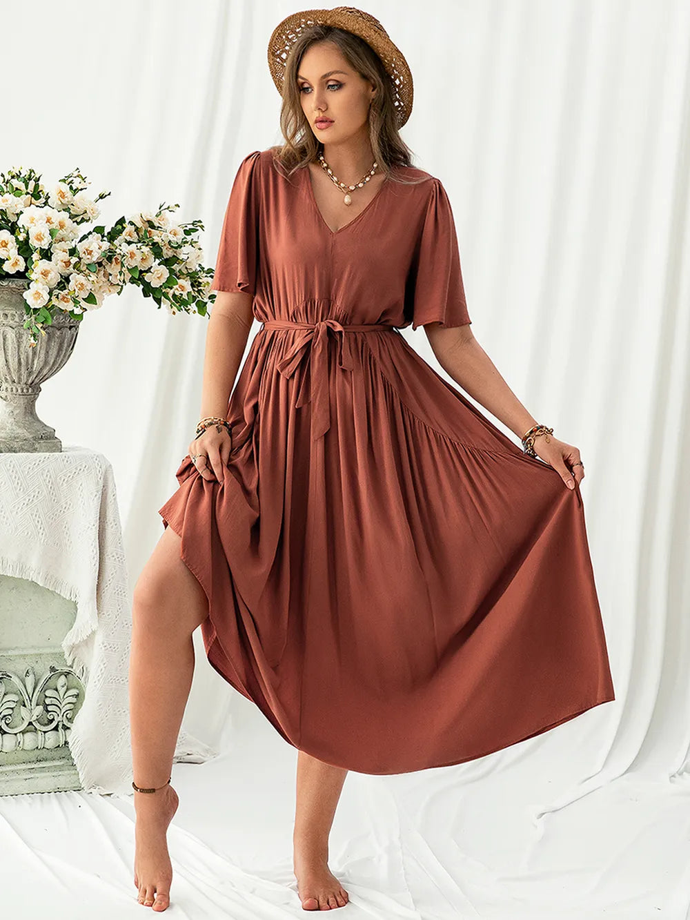 Plus Size V-Neck Flutter Sleeve Midi Dress - LoveNest Treasures