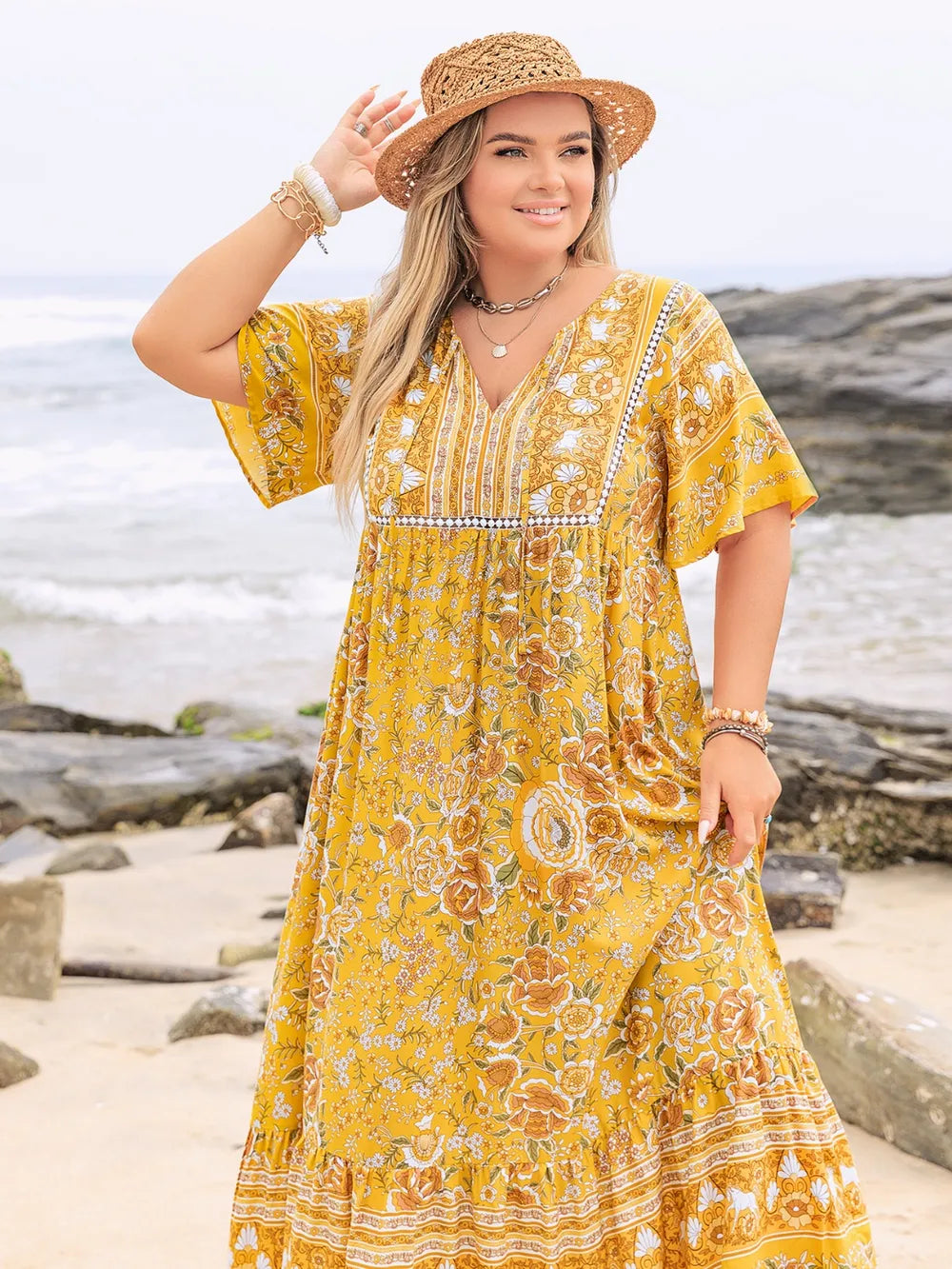 Plus Size Floral Tie Neck Flutter Sleeve Maxi Dress - LoveNest Treasures