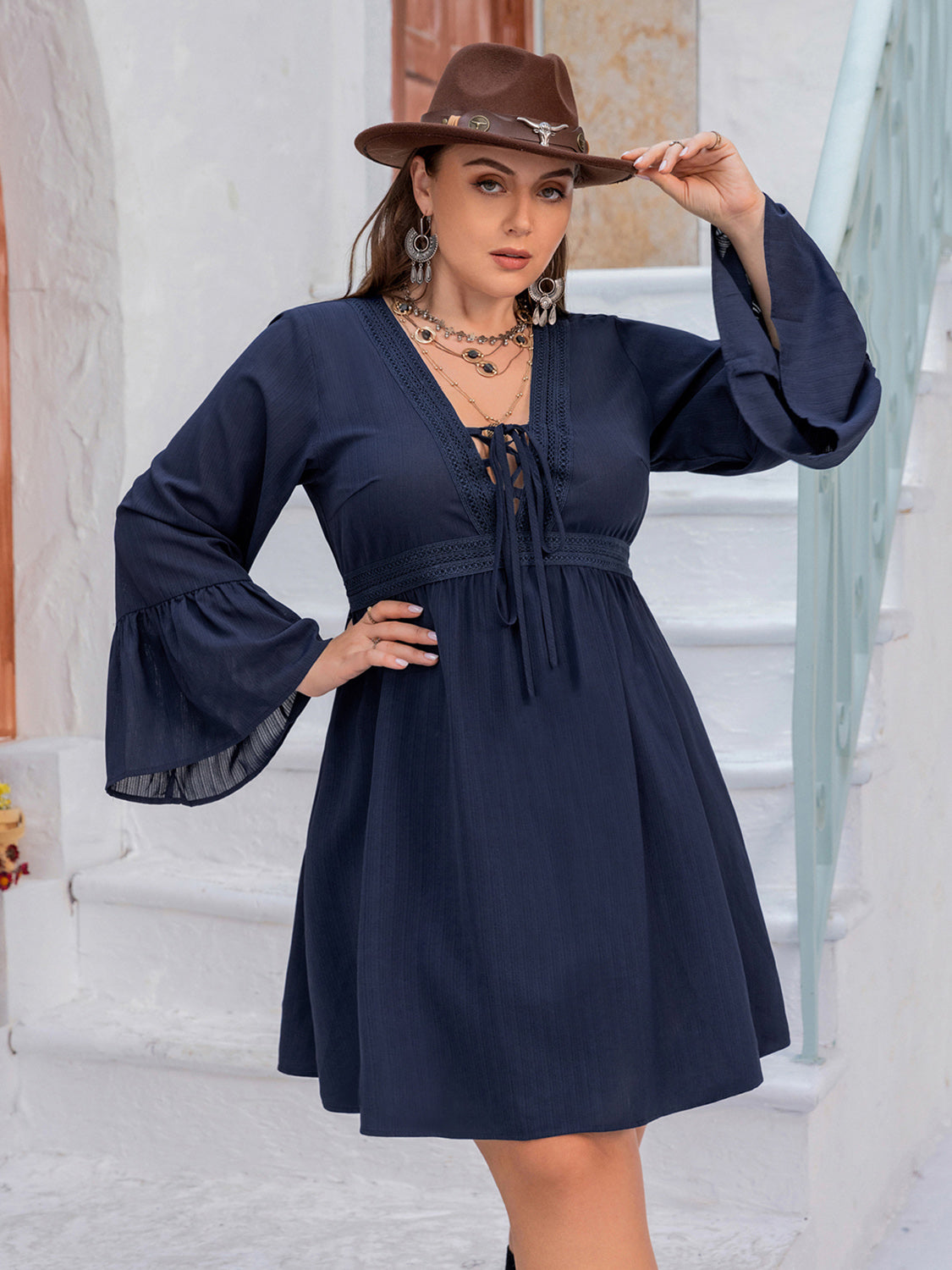 Plus Size Tie Front V-Neck Flare Sleeve Dress - LoveNest Treasures