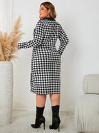 Honey Plus Size Houndstooth Long Sleeve Slit Dress - LoveNest Treasures